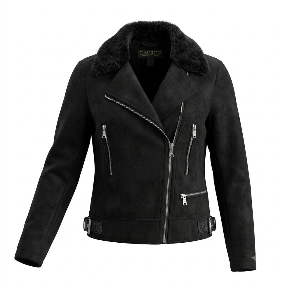Lauren Ralph Lauren Black Faux Suede Faux Fur Lined Moto Jacket XS TP Silver Zip